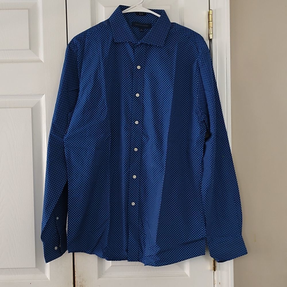 Tommy Hilfiger Slim fit blue white button down dress shirt Sz L  (16)